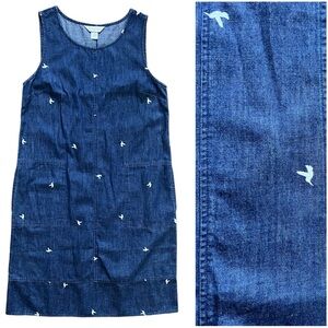 Christopher & Banks Blue Chambray White Bird Dove Jumper Sleeveless Dress sz S